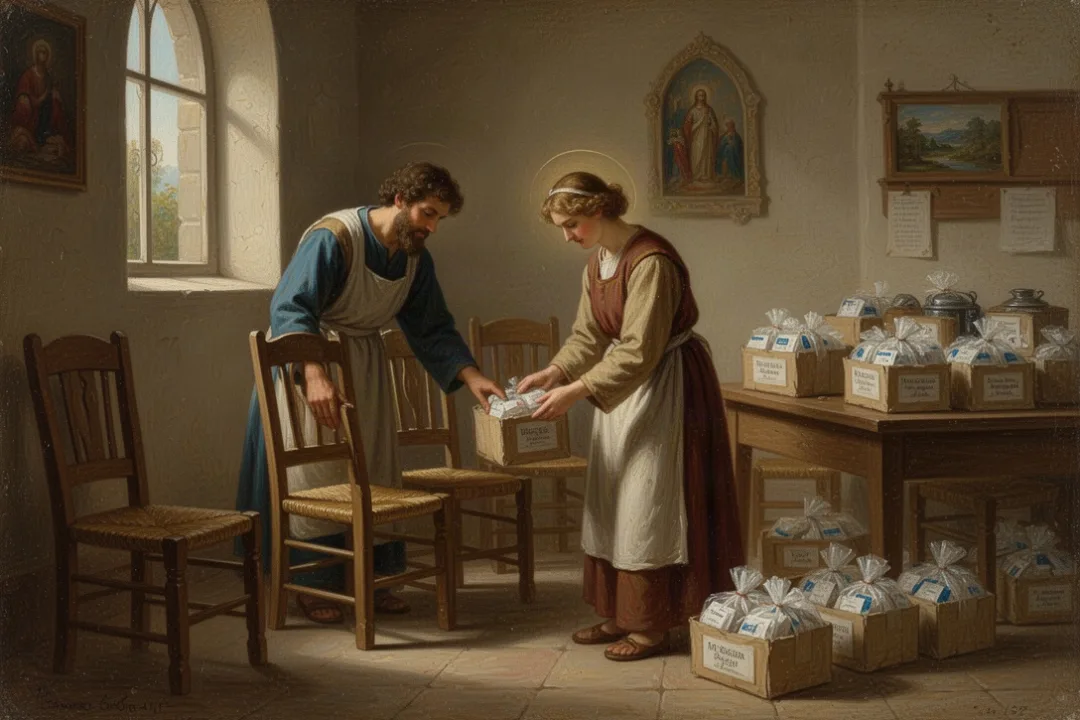 Church volunteer preparing care packages as faithful service to others