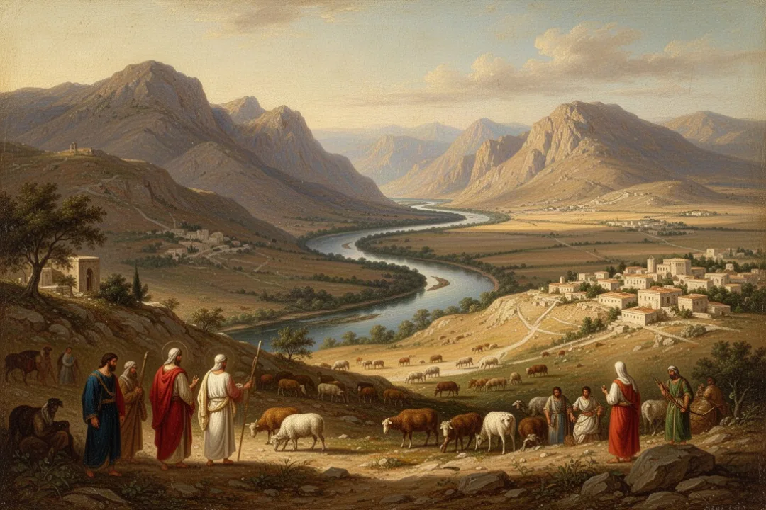 Ancient Near Eastern landscape representing the territories of Israel’s tribes