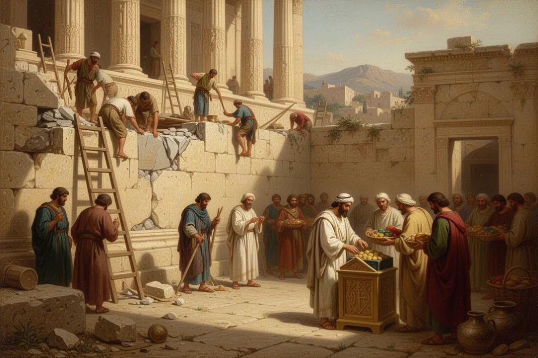 Workers repair the Jerusalem temple as worshipers bring offerings