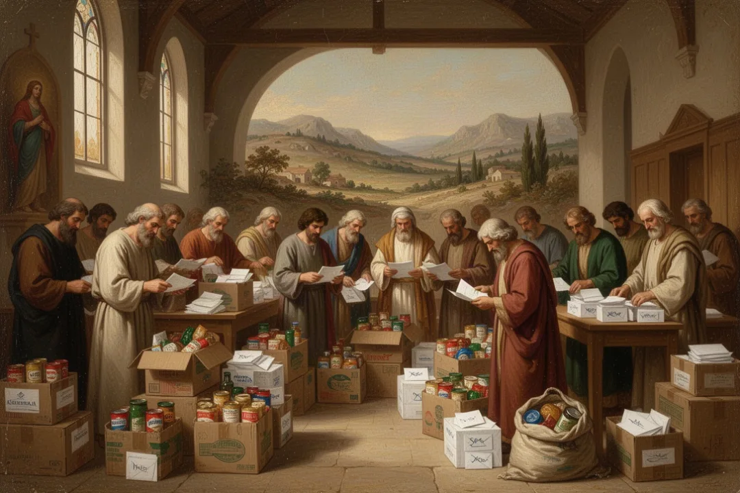 Church volunteers organizing relief supplies with careful financial stewardship