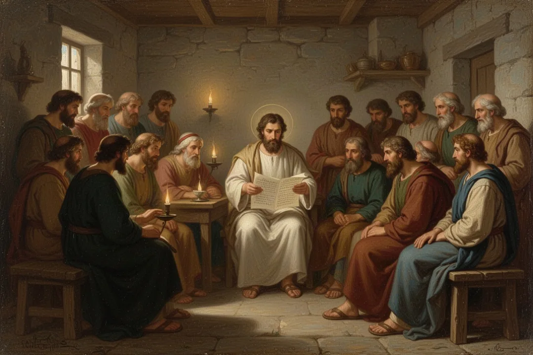 Early Christians hearing Paul’s letter read in a Thessalonian home