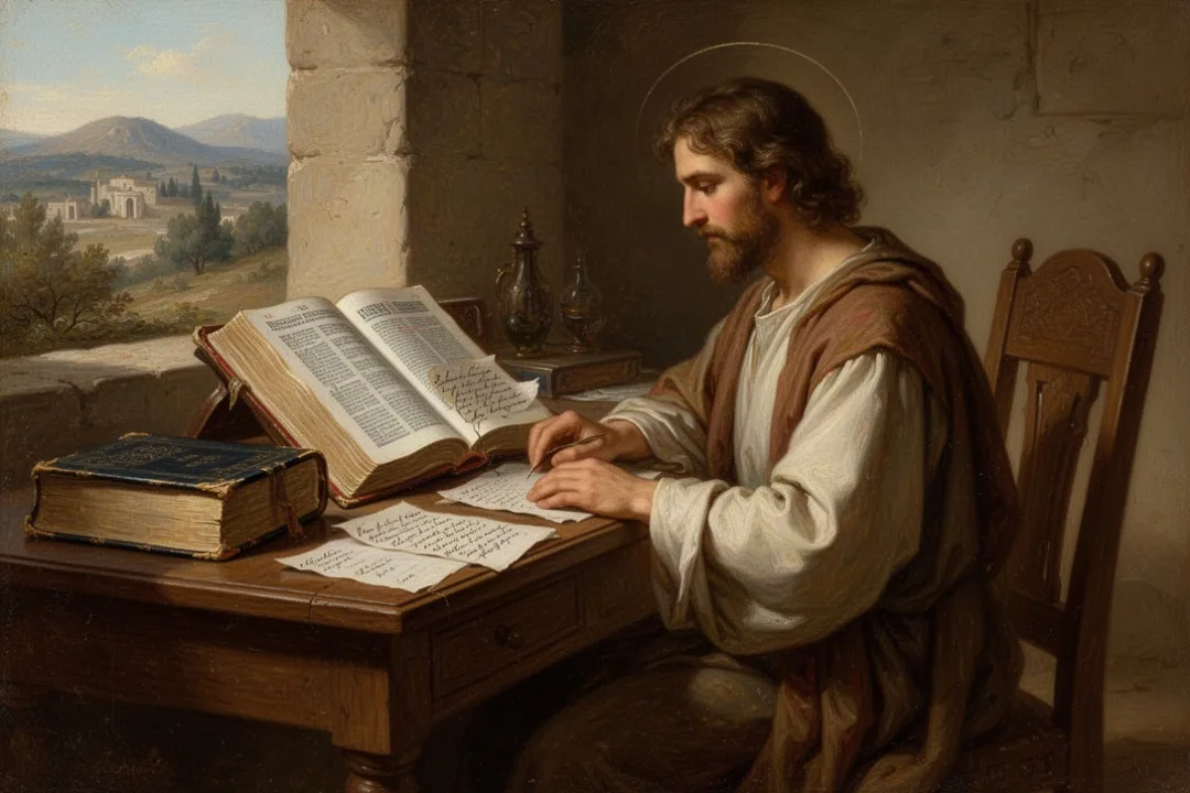 Open theological book and Bible arranged for careful Christian study