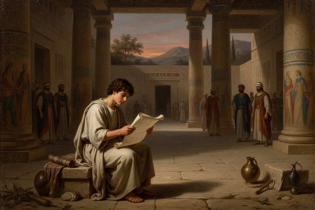 Young Judean exile studying Scripture in a Babylonian palace courtyard