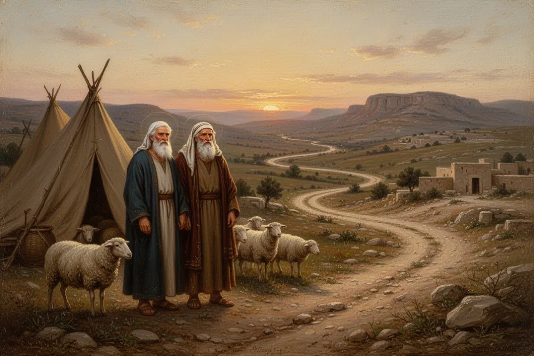 Abraham and Sarah beside their tents in the ancient Near Eastern landscape