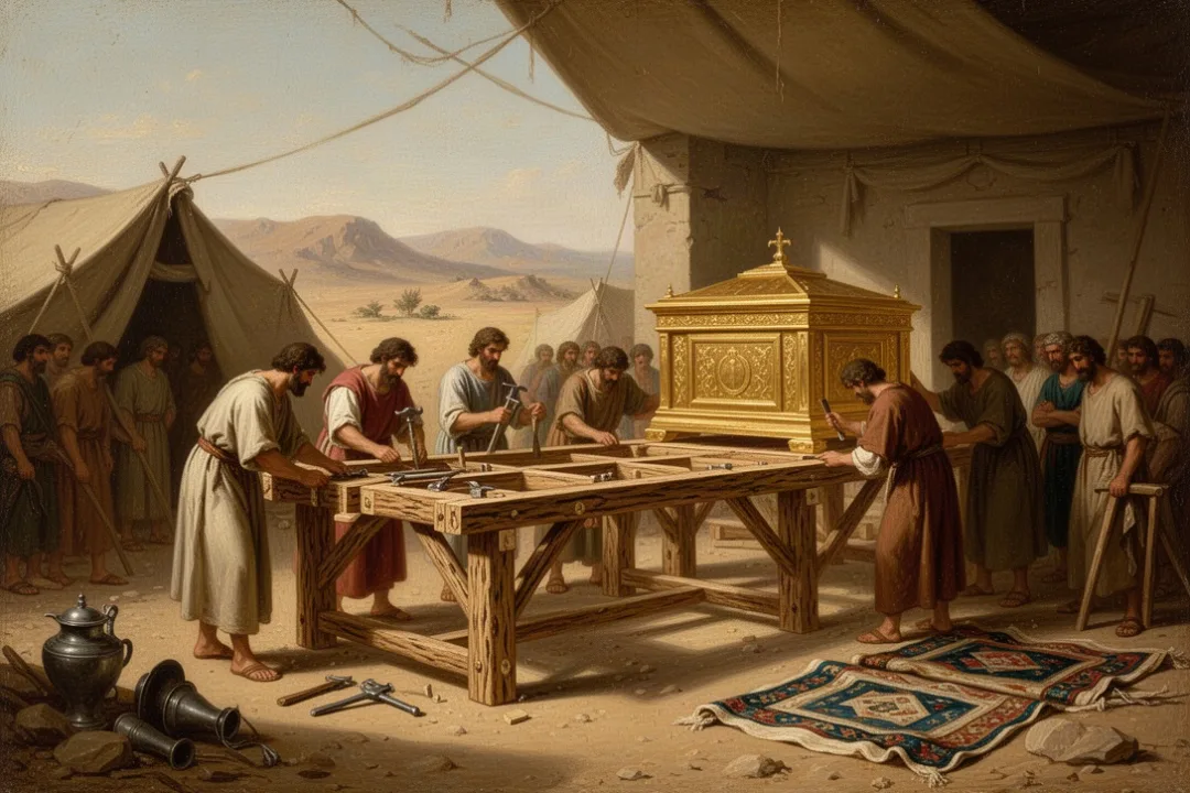 Artisans building tabernacle furnishings from acacia wood in the wilderness