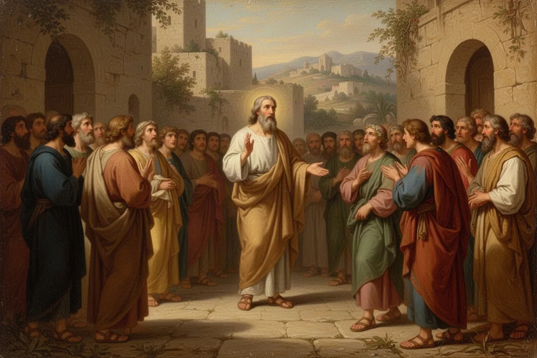 Peter addressing the Pentecost crowd in Jerusalem after proclaiming Jesus