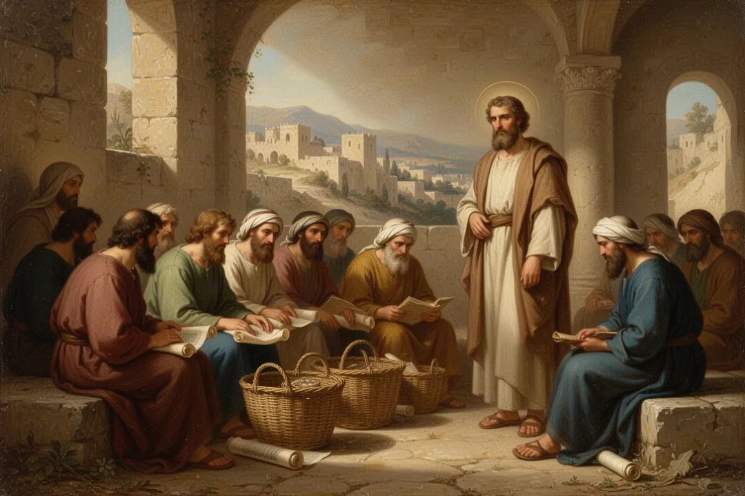 Early Jerusalem believers gathered in a solemn communal meeting