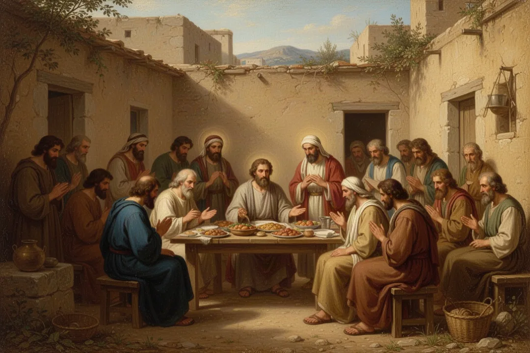 Early Christian believers gathering for teaching and shared fellowship