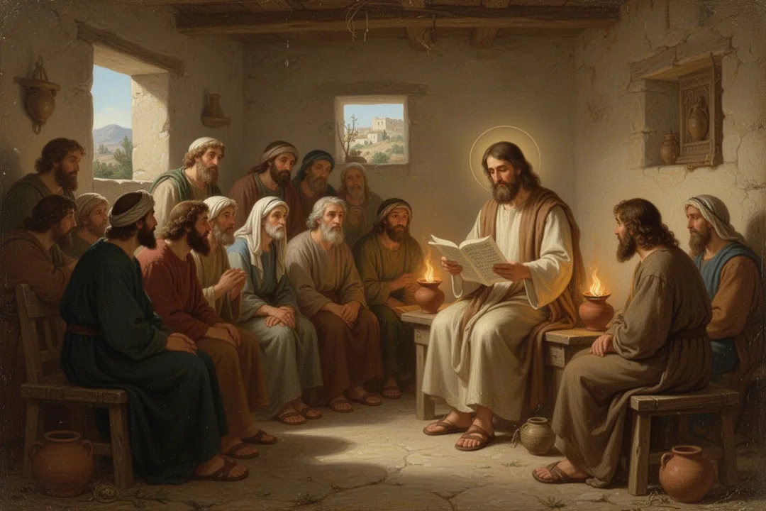 Early Christian house gathering studying Scripture by lamplight