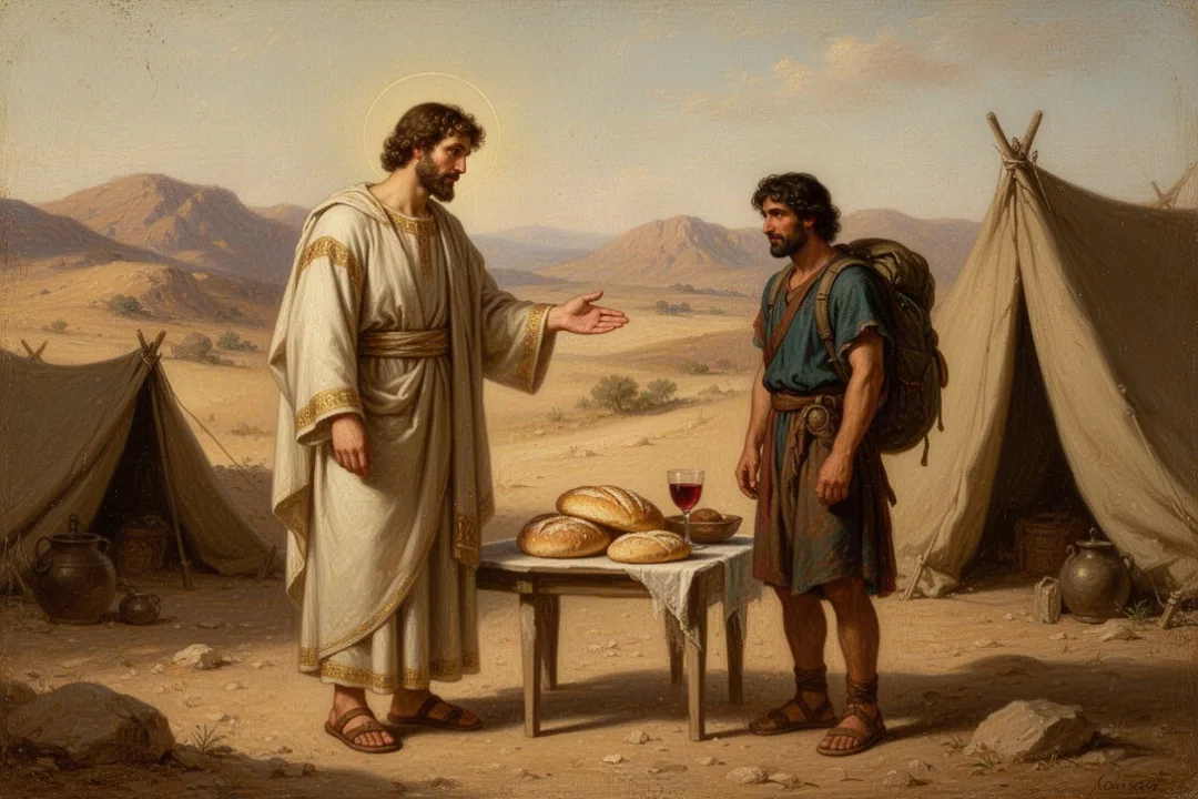 Ancient royal priest blessing a traveler beside bread and wine