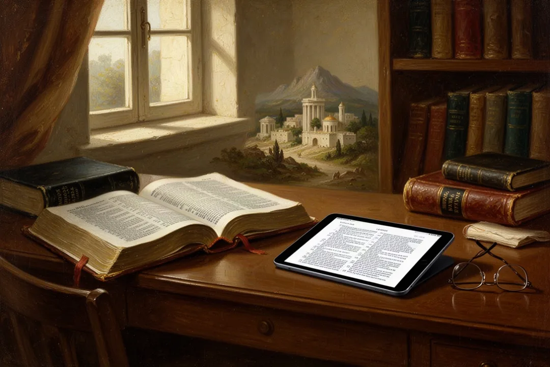 Traditional Bible and tablet representing American King James Version study