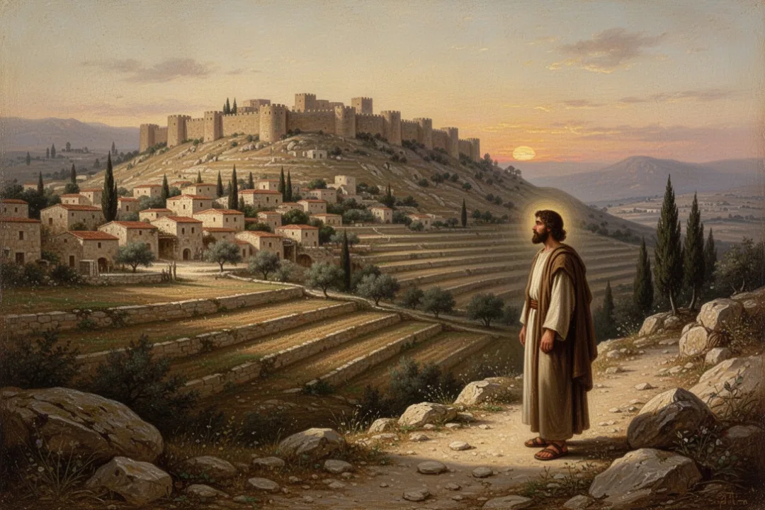 Prophet overlooking ancient Judah’s fields and distant city