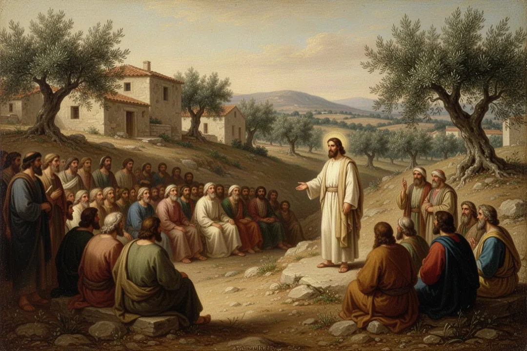 Jesus teaching crowds on a Galilean hillside in the Gospel of Matthew