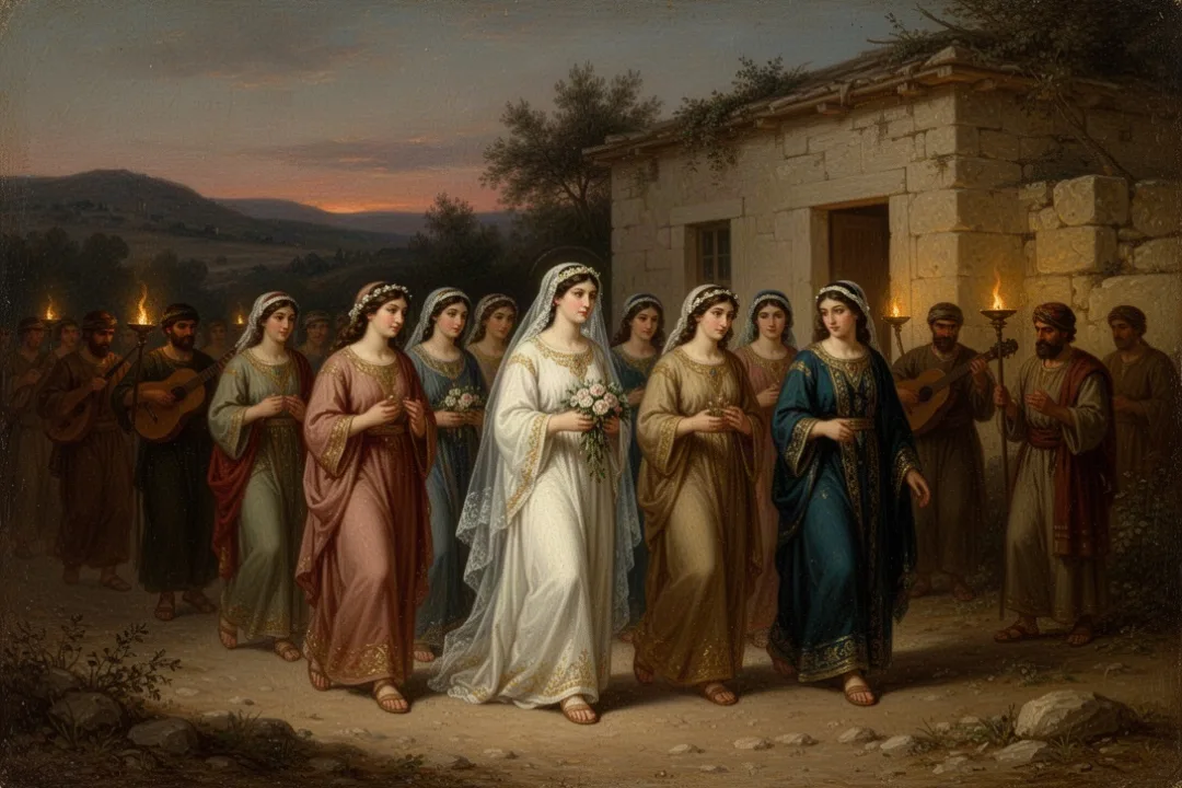 Ancient Hebrew wedding procession entering a family household