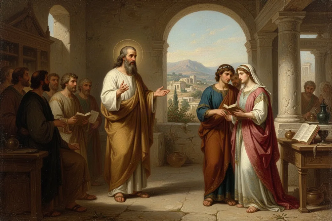 Apollos teaching Scripture in an ancient Ephesian synagogue