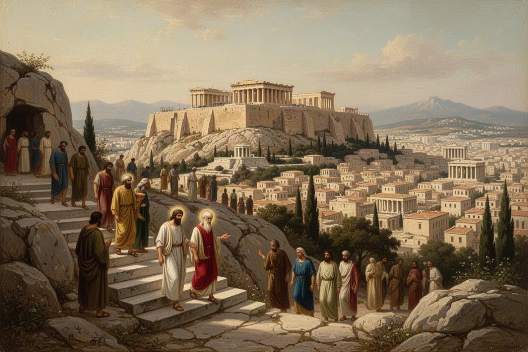 Visitors on Athens’ Areopagus hill overlooking the Acropolis