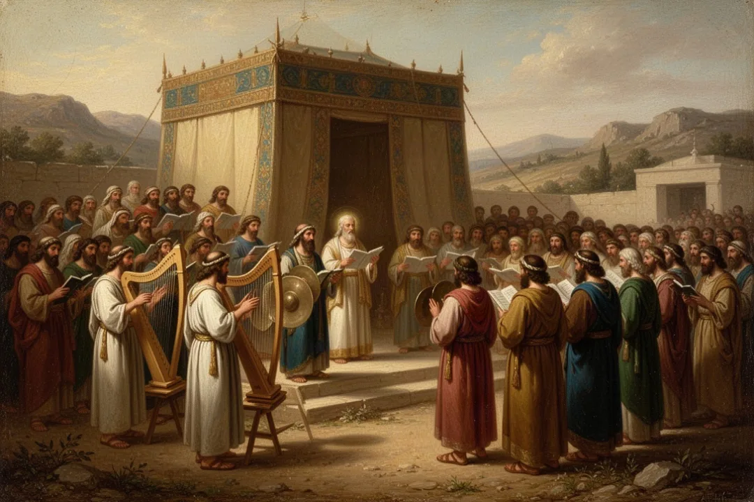 Levite musicians leading worship near the ancient Israelite tabernacle