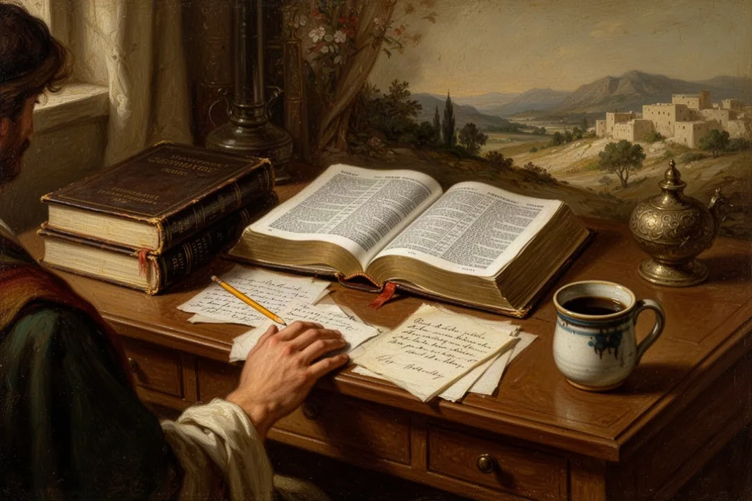 Open Bible and commentary arranged for thoughtful home study