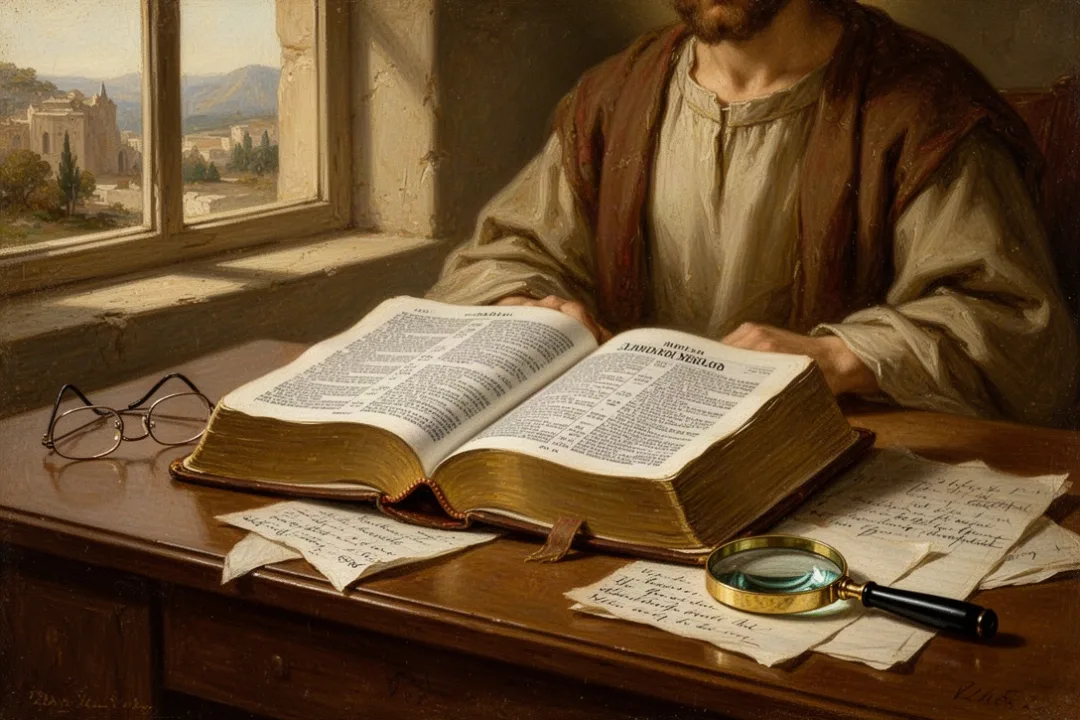 Open vintage Bible beside study notes and reading glasses