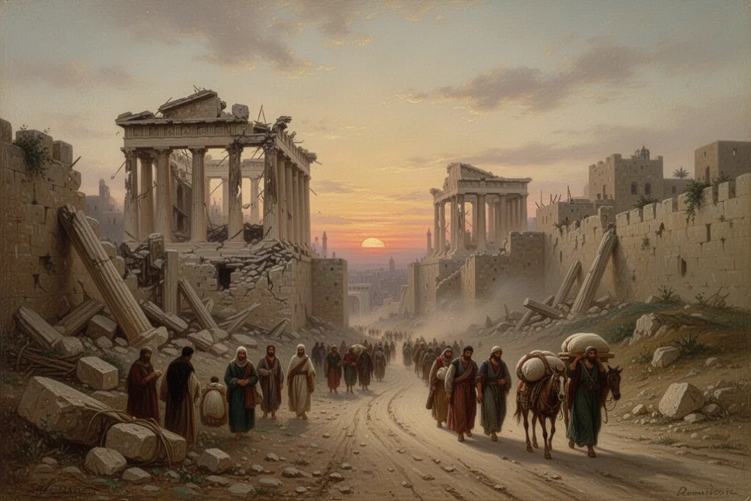 Ancient Jerusalem after Babylonian destruction with exiles leaving the ruined city