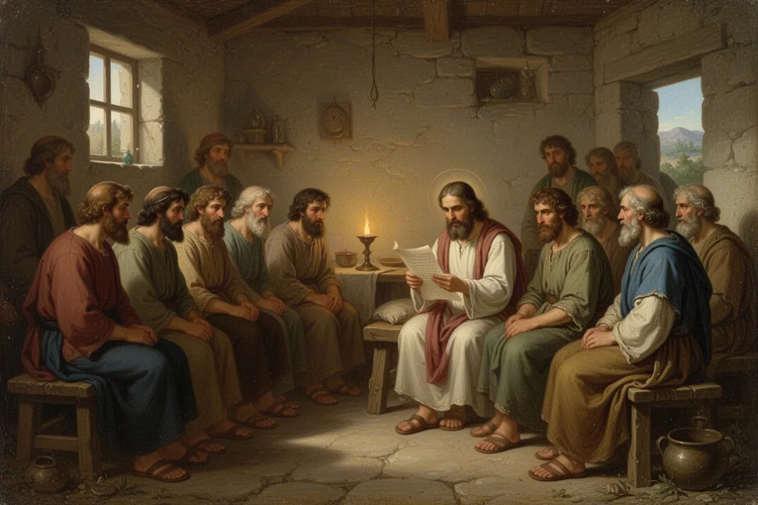 Early Christian gathering hearing the book of James read aloud