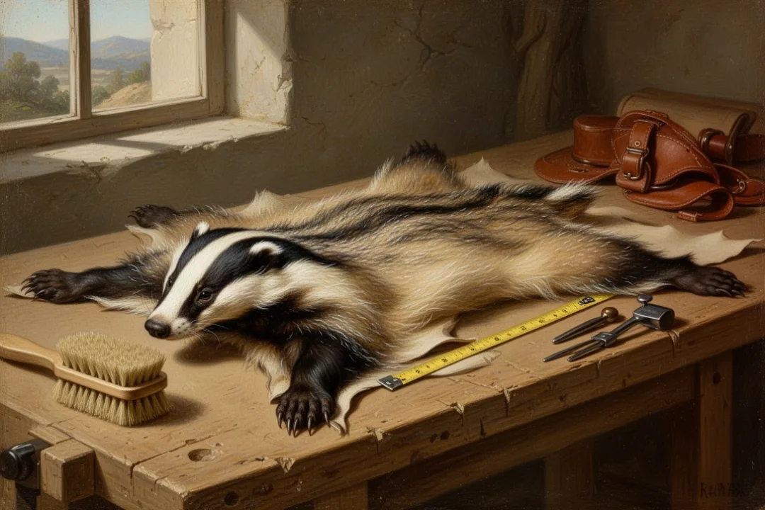 Tanned badger pelt being inspected on a workshop table
