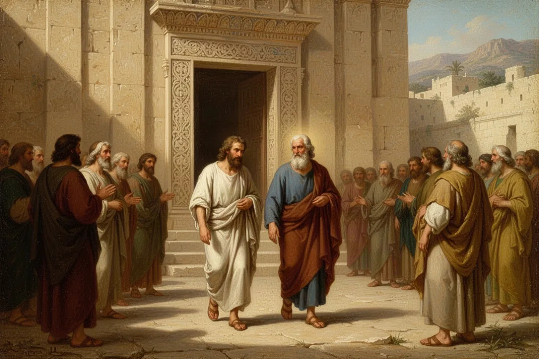 Healed man walking near Jerusalem temple gate with Peter and John