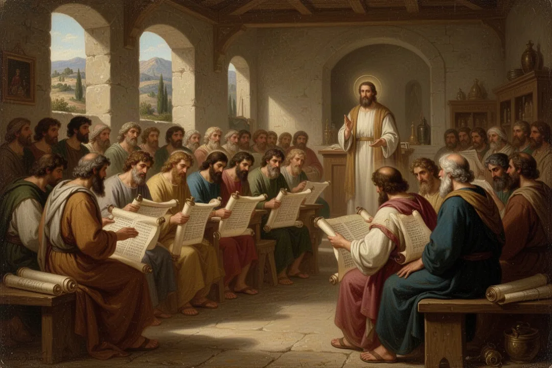 Bereans studying Scripture together in an ancient synagogue
