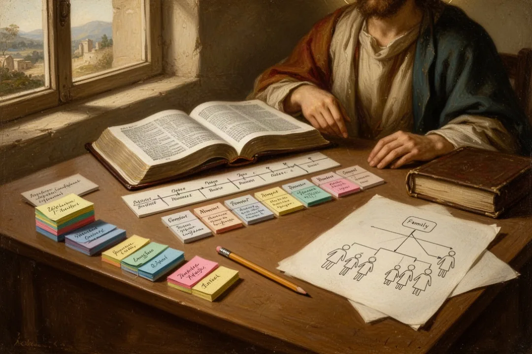 Bible study desk with timeline cards and handwritten relationship diagram