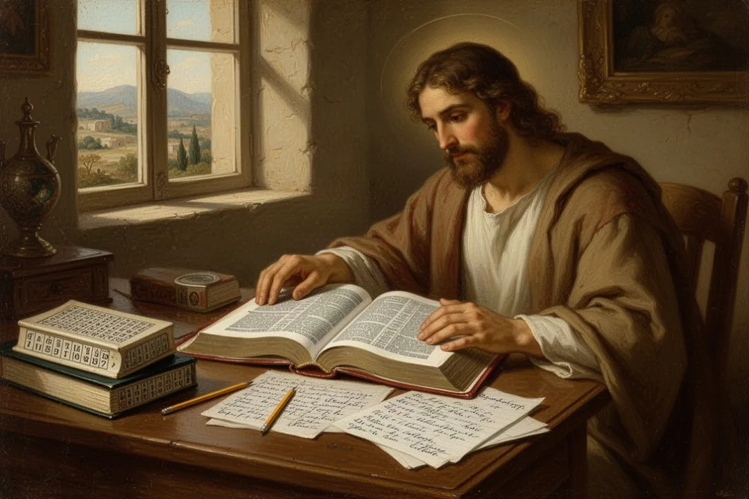 Open Bible and concordance with handwritten study notes on wooden desk