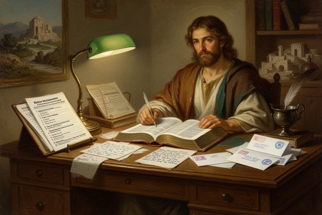 Printed Bible lessons, open Bible, notes, and envelopes on a home study desk