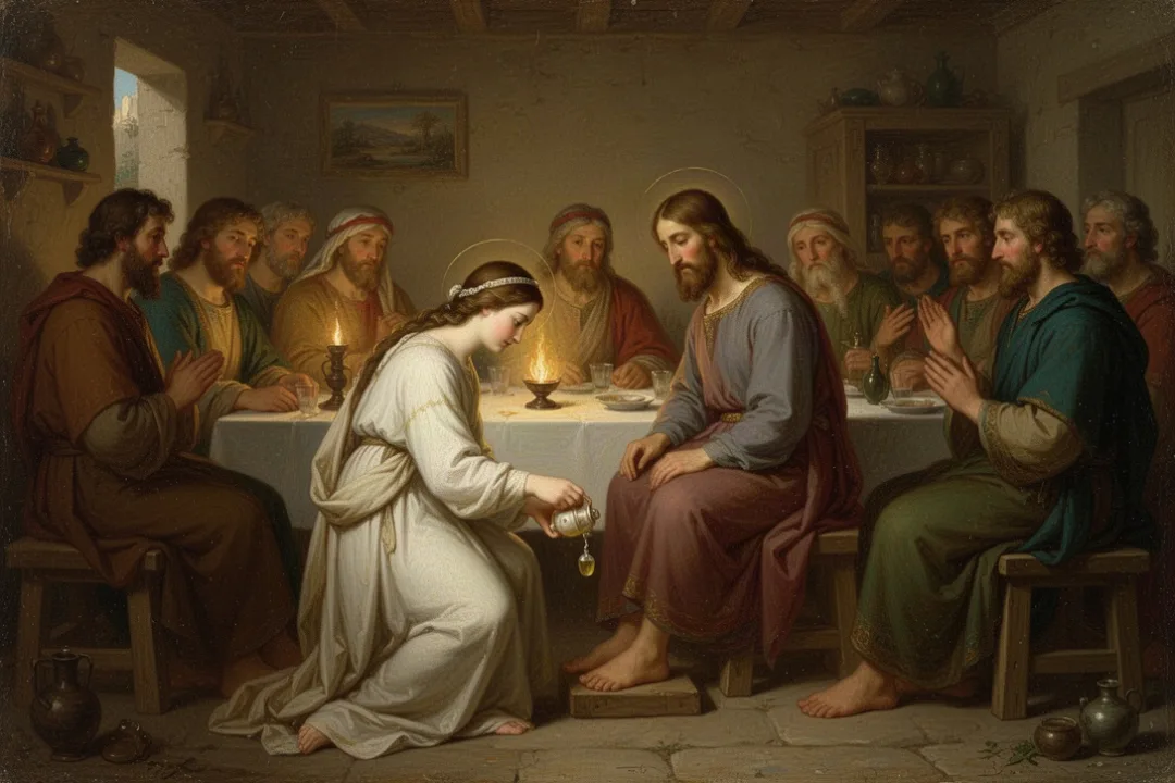 Woman anointing Jesus with costly perfume in a first-century Bethany home