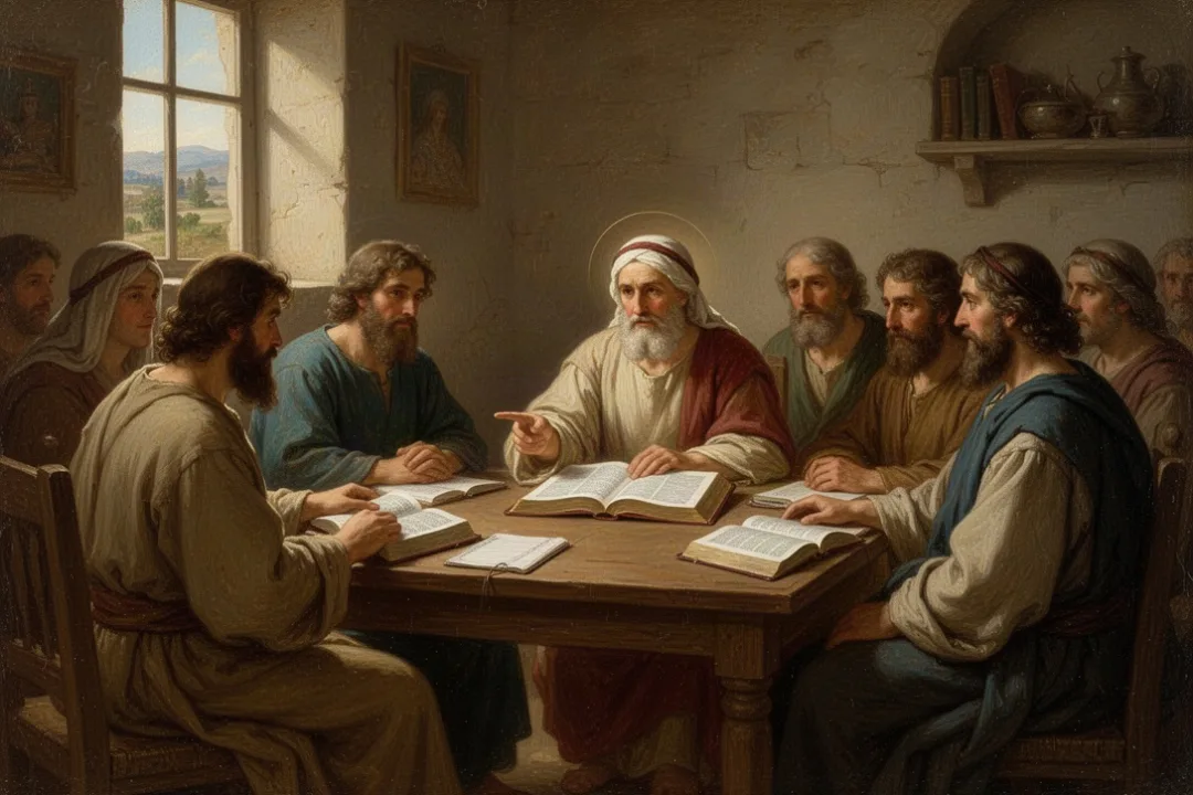 Adults discussing a Bible passage together around a table