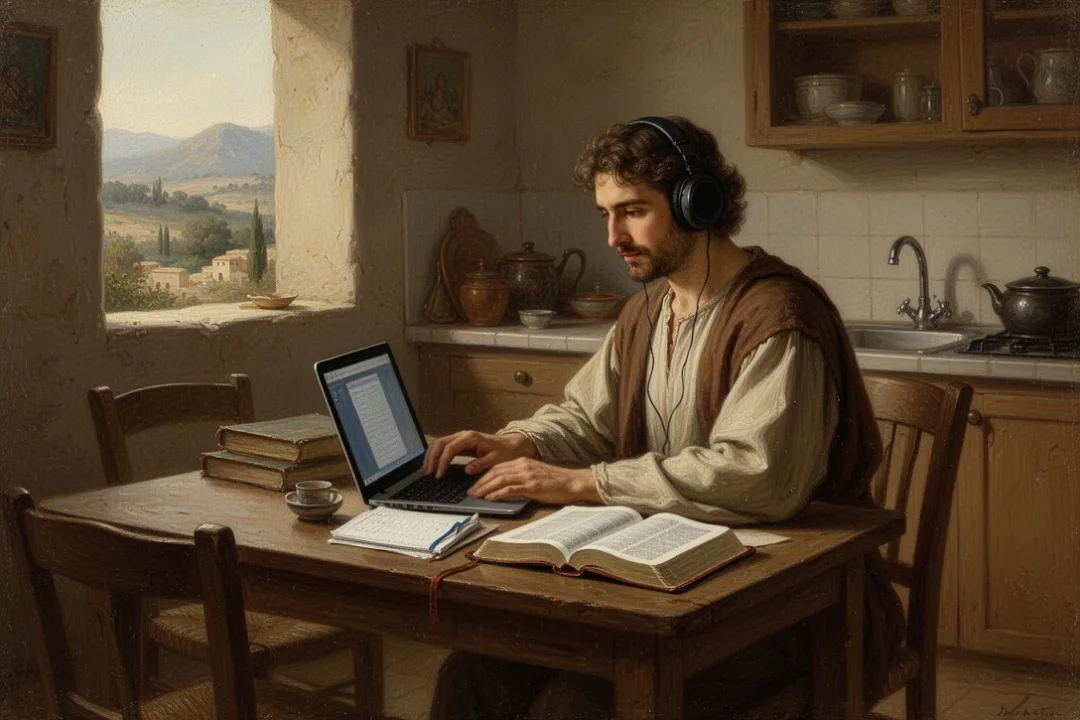 Adult student completing online Bible coursework at home
