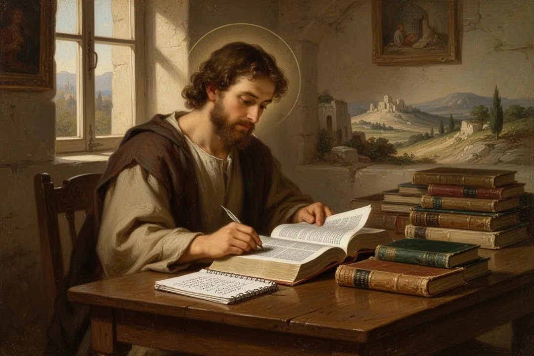 Reader studying Scripture with notes and reference books