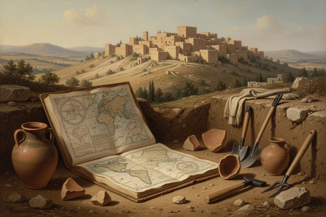 Archaeological materials and map representing the study of biblical history