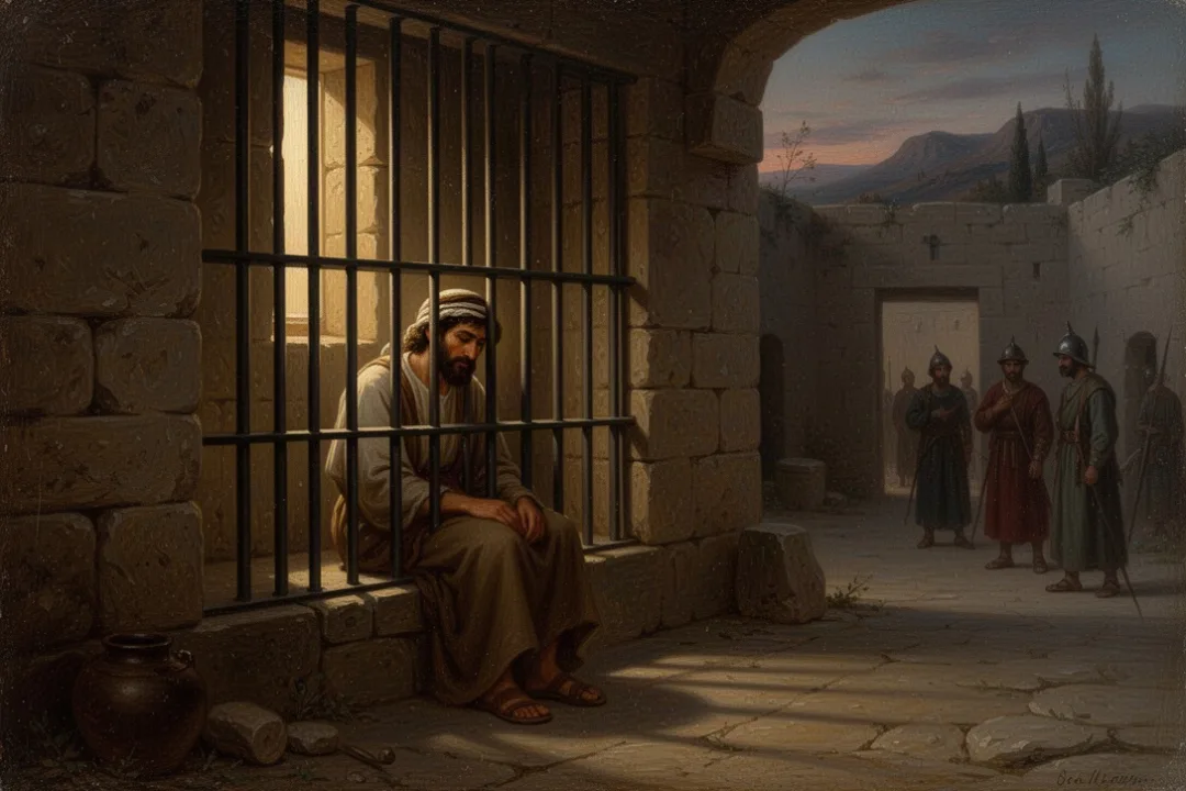 Ancient biblical prison courtyard with a confined man and distant guards