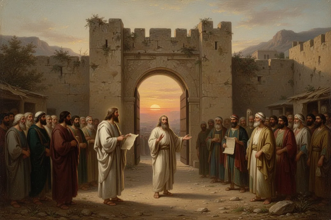 Prophet addressing townspeople at an ancient city gate