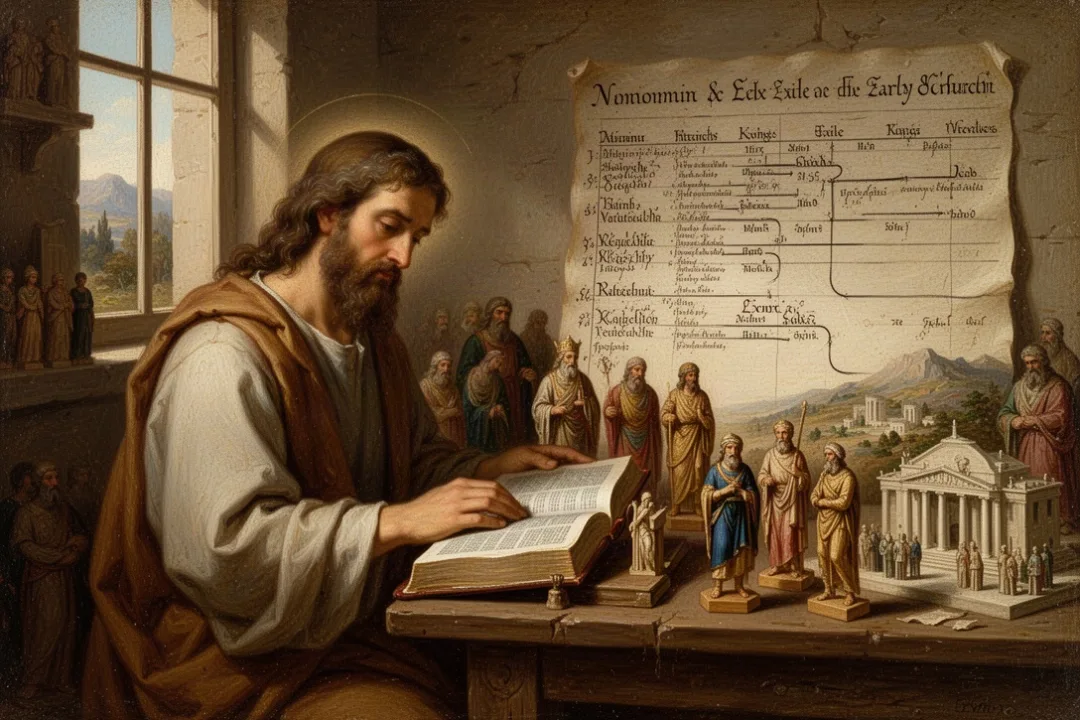 Reader studying an open Bible beside a visual biblical timeline