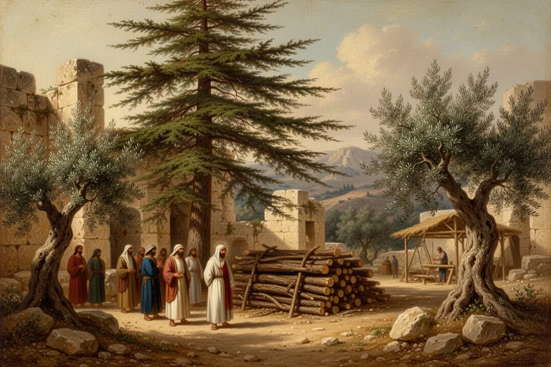 Cedar and olive trees beside ancient ruins with timber nearby