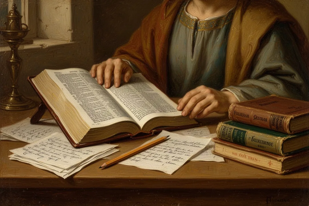 Open Bible and study tools arranged for careful biblical word research