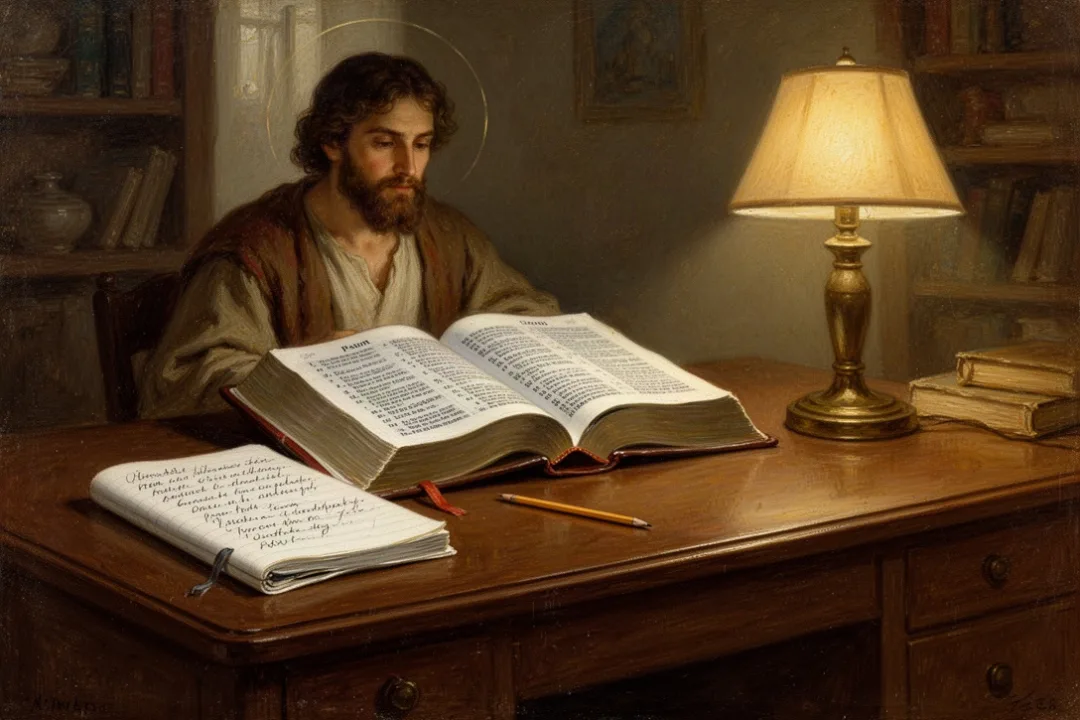 Open Bible, notebook, and lamp arranged for a Psalms study session