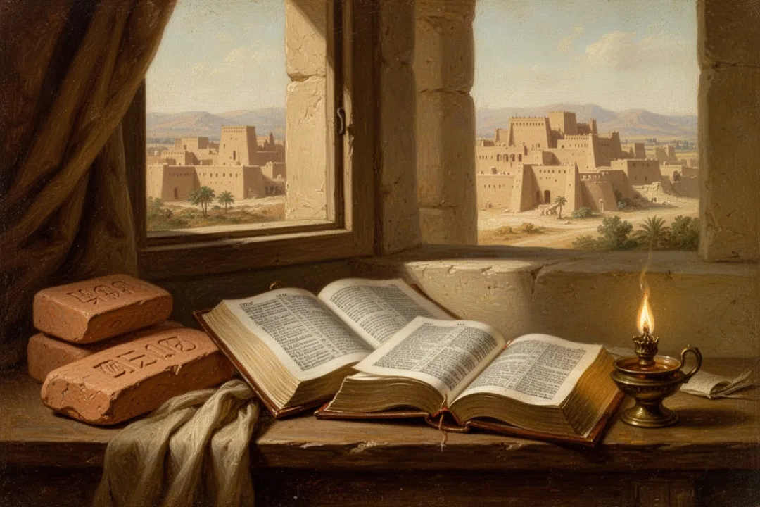Open Bible and ancient study materials with Babylonian city in background