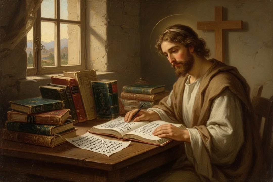 Vintage devotional books and prayer journal on a warmly lit study desk