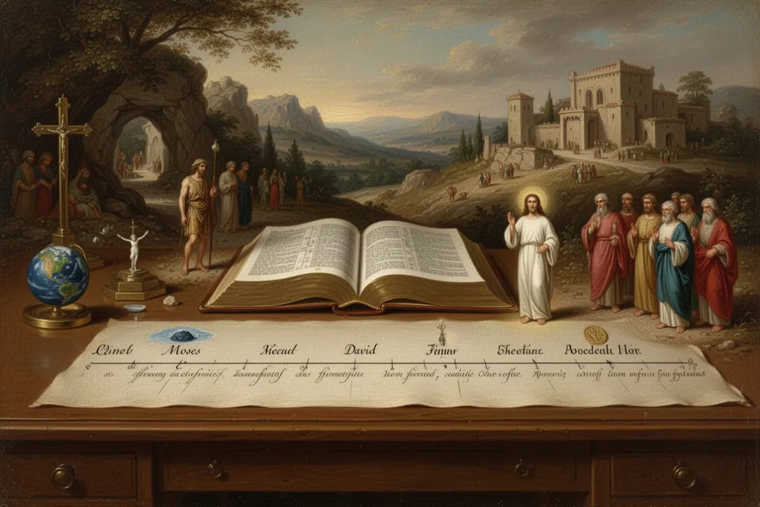 Catholic Bible and visual timeline representing salvation history