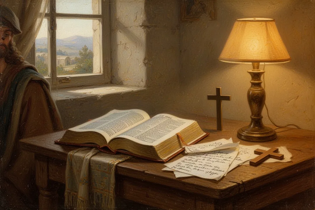 Open Bible with study notes, cross, and warm morning light
