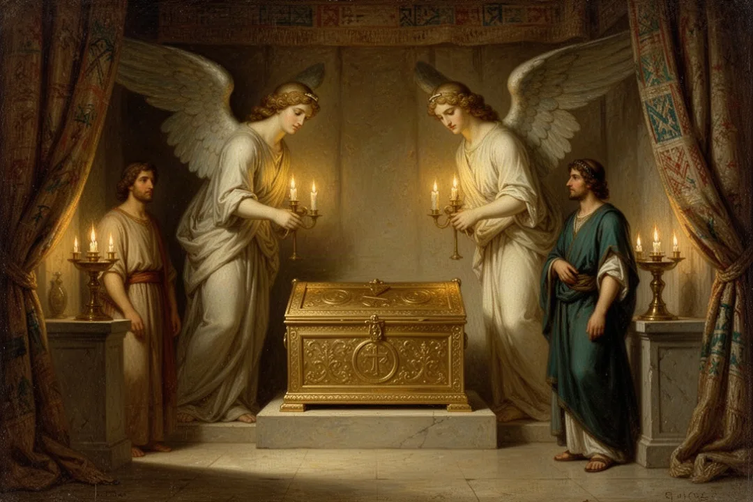 Golden cherubim above the ark inside a reconstructed ancient sanctuary