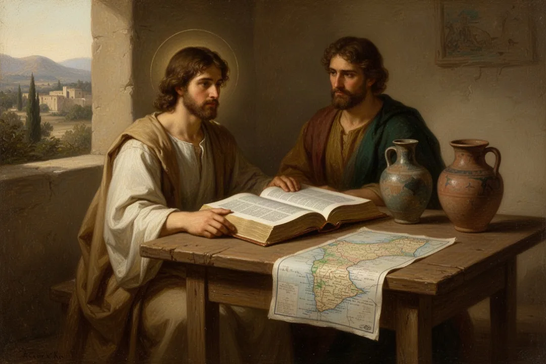 Open Bible with map and pottery representing Christian Old Testament study
