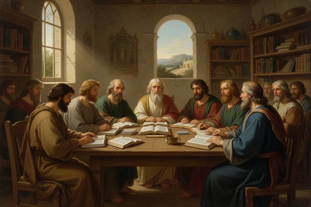 Church study group learning Christian terminology with Bibles and notebooks