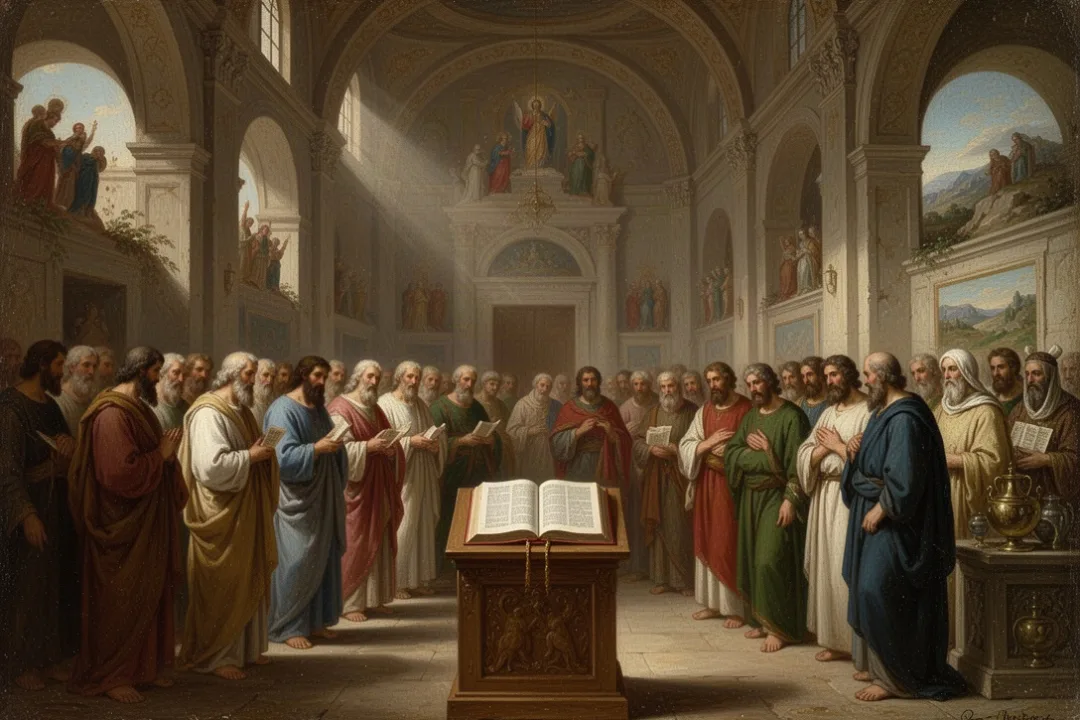 Diverse Christian worshipers studying theology in a historic church